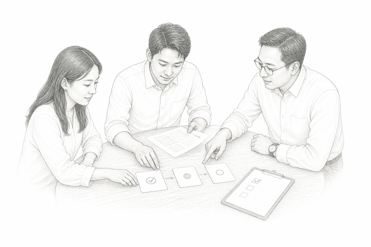 铅笔概念插画：三位伙伴围桌查看项目成果、里程碑卡片与检查表