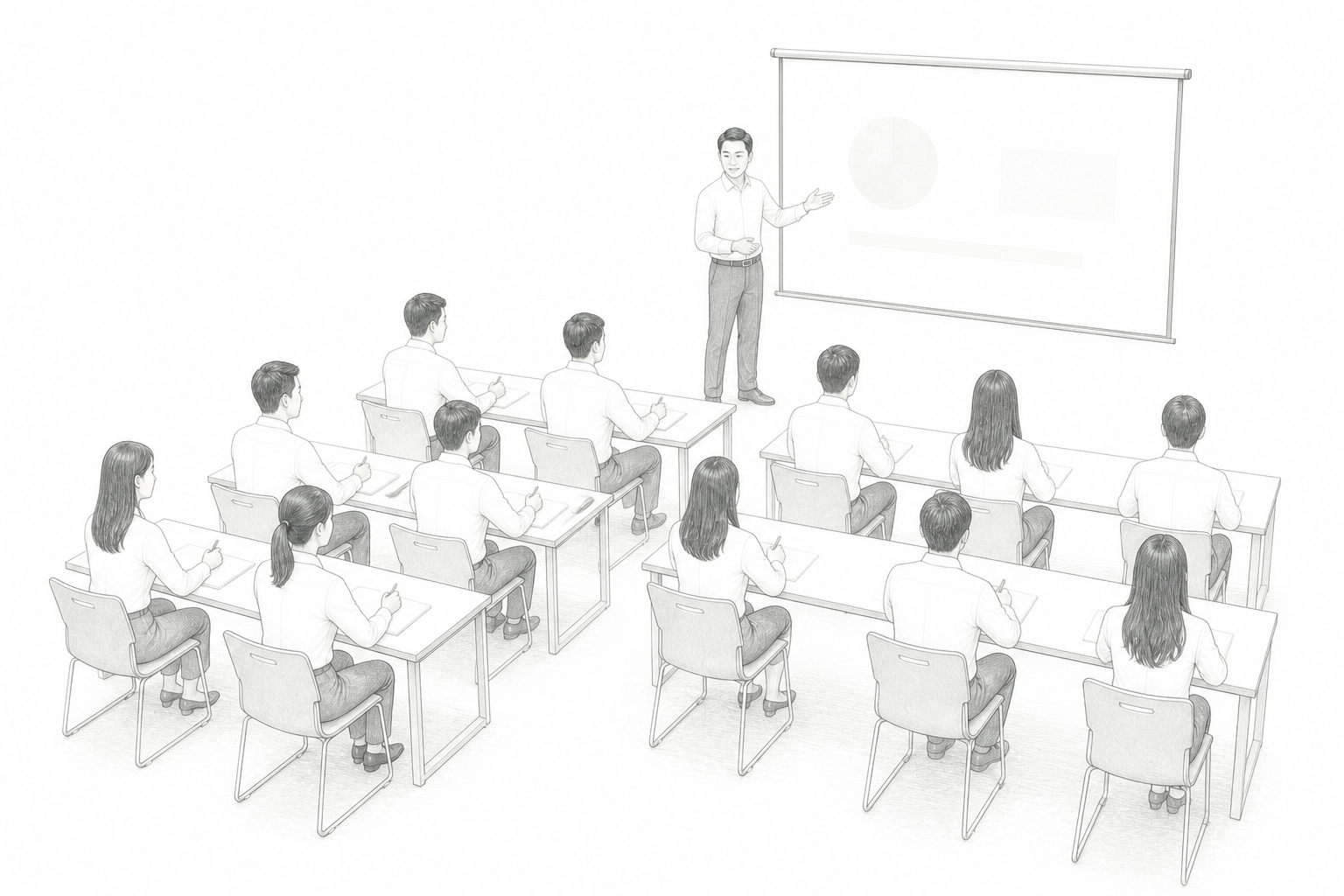 铅笔概念插画：一位讲师站在投影前授课，学员面向讲师成排就座