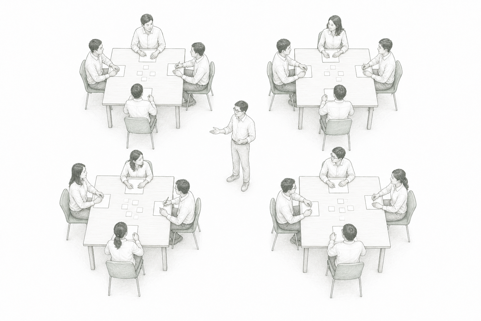 铅笔概念插画：老师站在中央，四周四张方桌，每桌四位学员围坐讨论