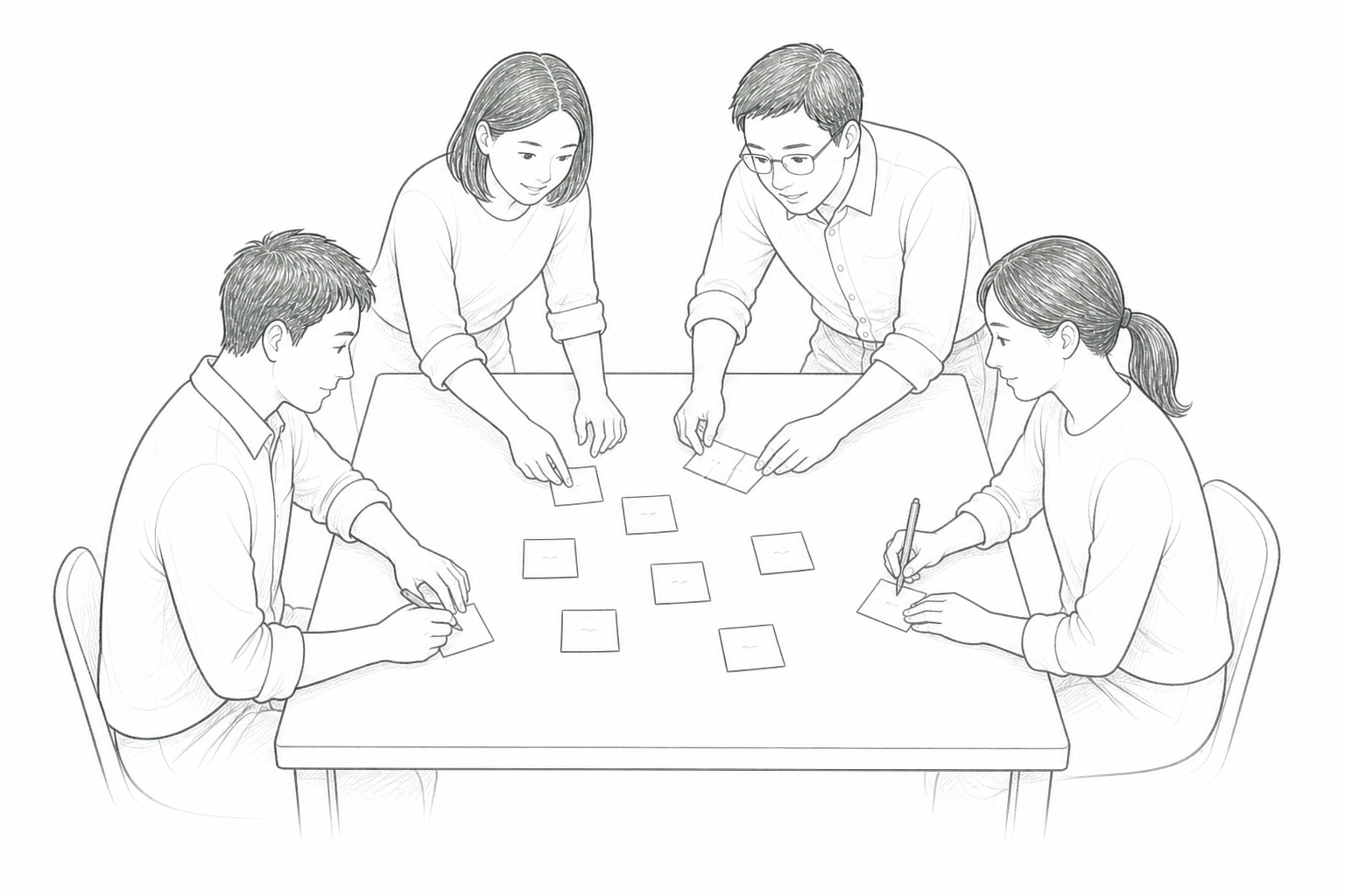 铅笔概念插画:四位伙伴围着方桌共创,两人写便利贴,两人把便利贴放到桌上