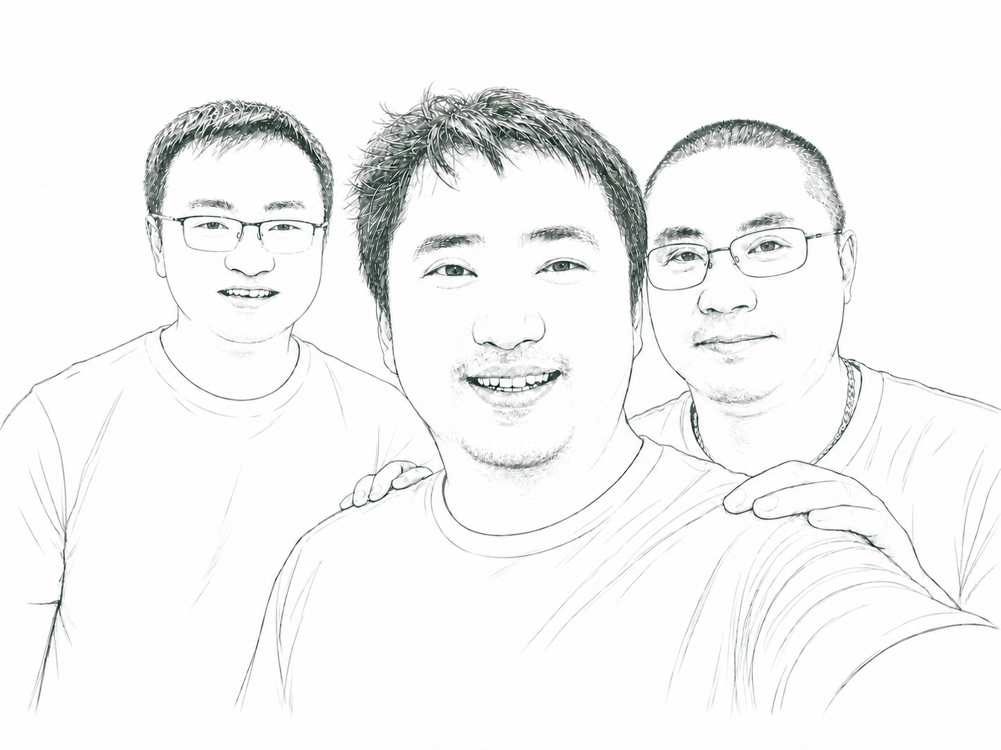 未来邦三位创始人微笑并肩、搭肩的合照,经 AI 转绘为轻线稿